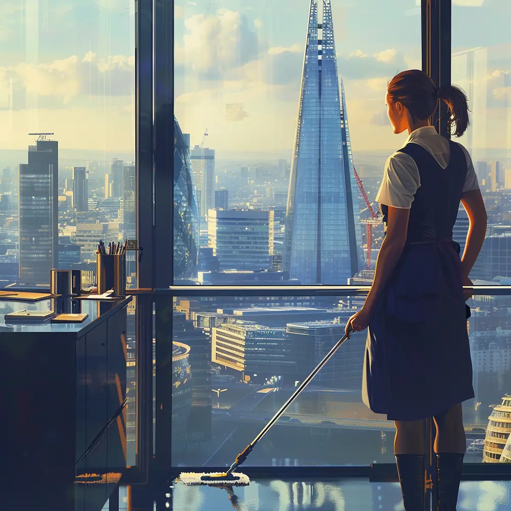 A female office cleaner looking at the Shard and the Gherkin Building in London
